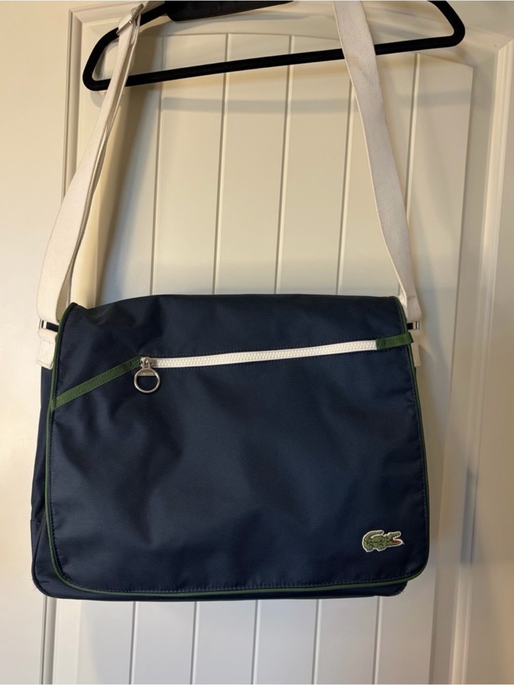 Lacoste Navy Messenger Bag with White Strap and Green Trim